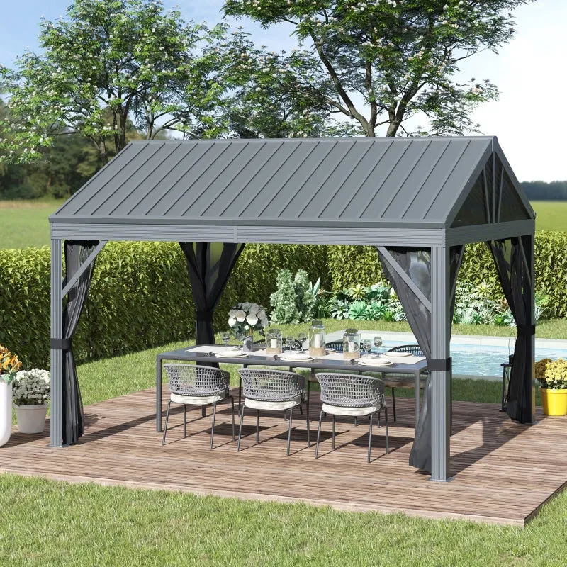 12' x 10' Hardtop Gazebo with Netting  - Dark Gray