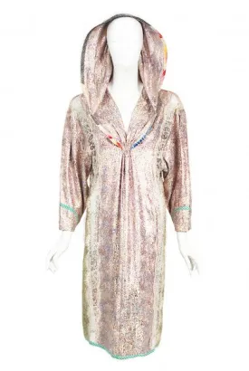 1970s Koos Van Den Akker Couture Metallic Lace & Colorful Cotton Hooded Dress