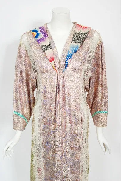 1970s Koos Van Den Akker Couture Metallic Lace & Colorful Cotton Hooded Dress