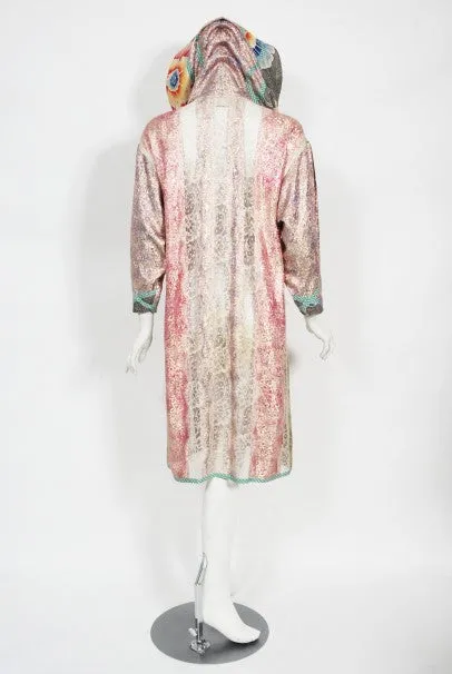 1970s Koos Van Den Akker Couture Metallic Lace & Colorful Cotton Hooded Dress