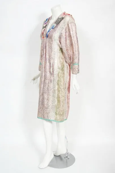 1970s Koos Van Den Akker Couture Metallic Lace & Colorful Cotton Hooded Dress