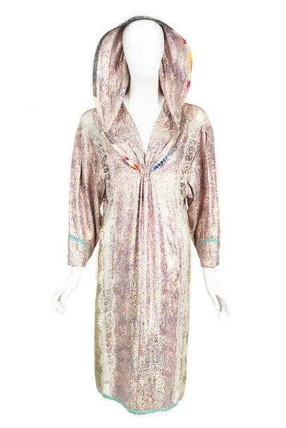 1970s Koos Van Den Akker Couture Metallic Lace & Colorful Cotton Hooded Dress