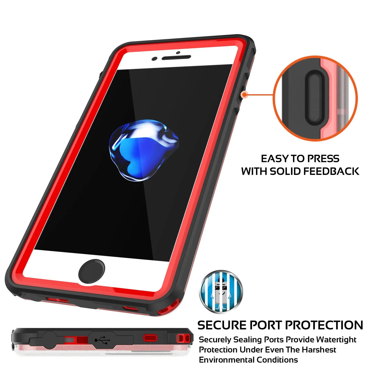 Apple iPhone 7 Waterproof Case, PUNKcase CRYSTAL Red W/ Attached Screen Protector  | Warranty