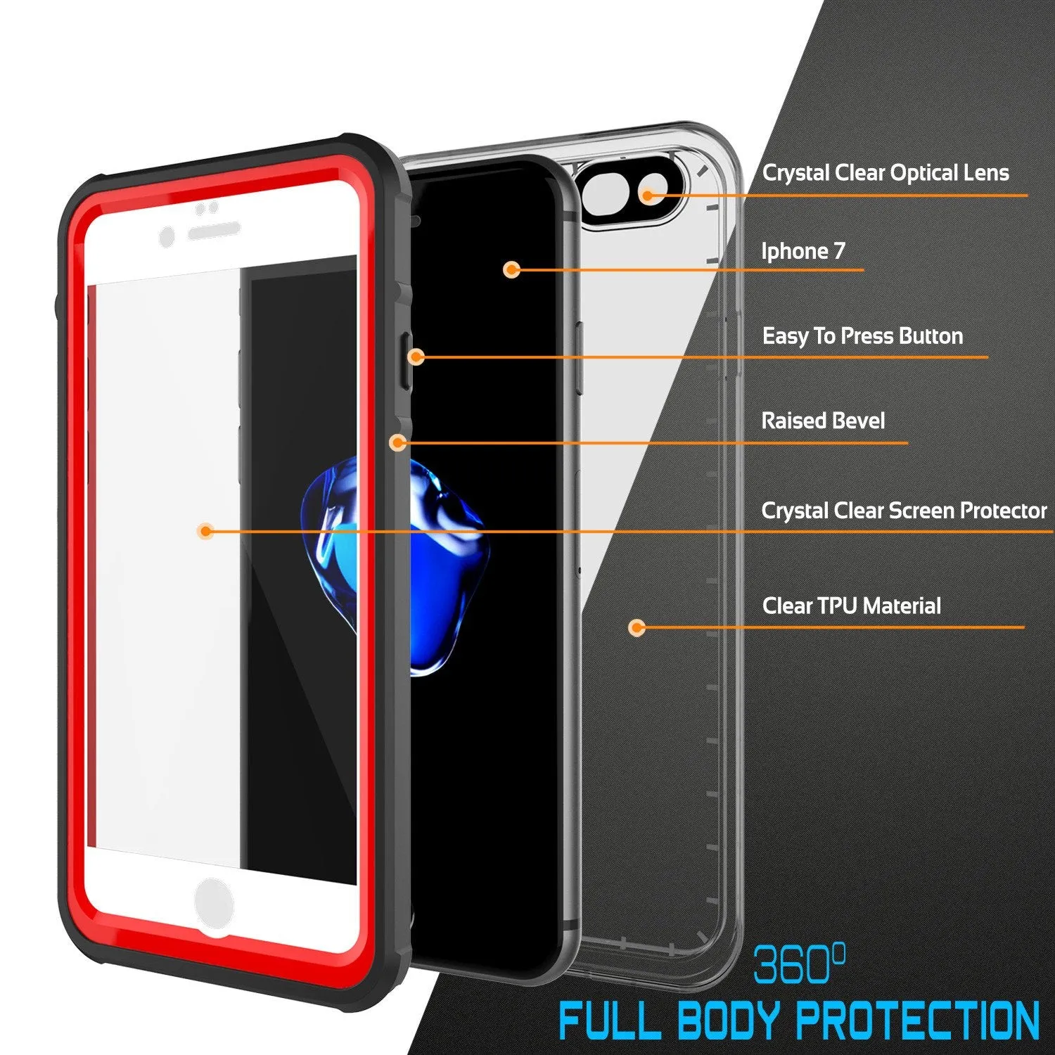 Apple iPhone 8 Waterproof Case, PUNKcase CRYSTAL Red W/ Attached Screen Protector  | Warranty