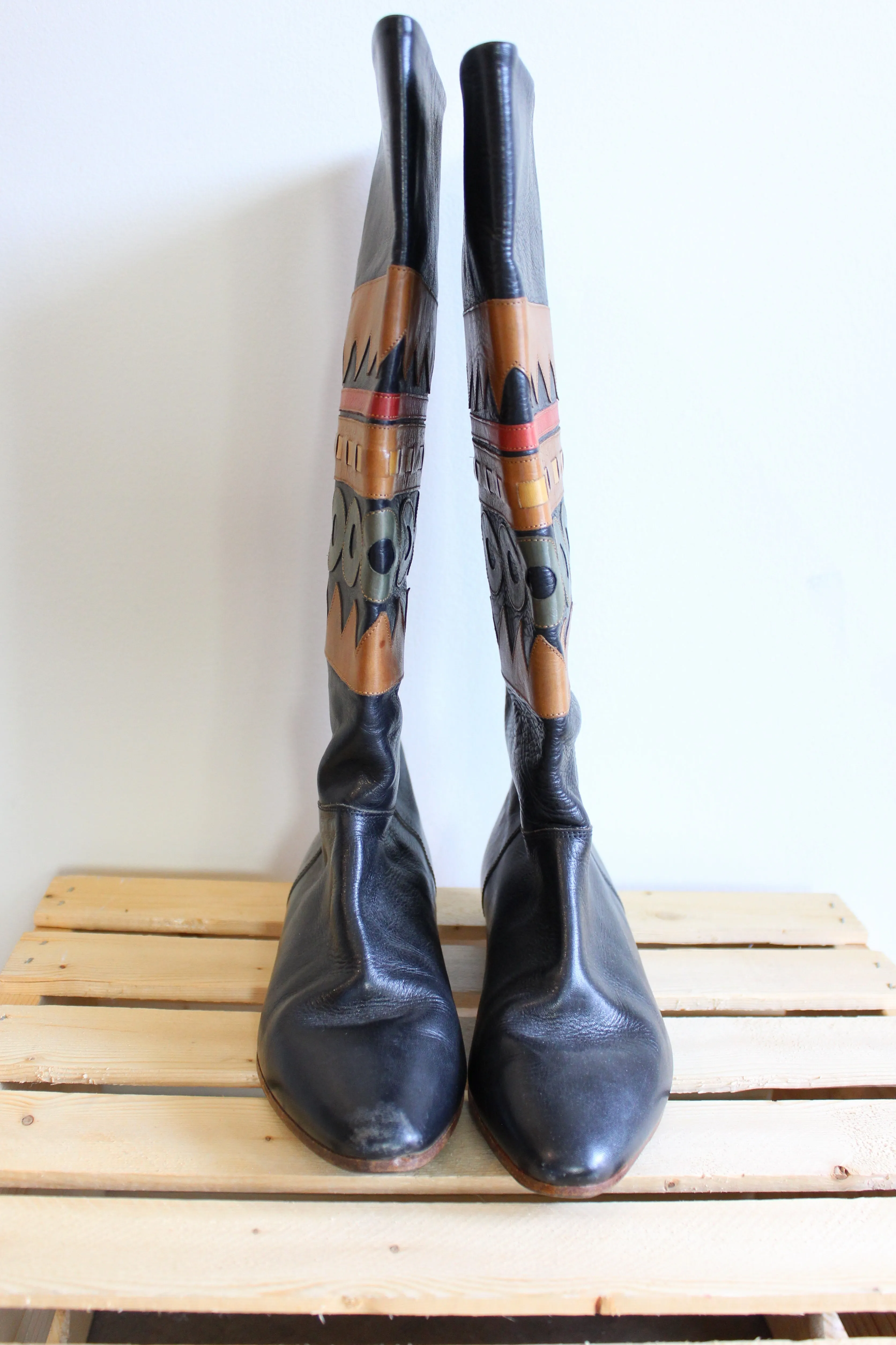 Black Leather Boots with Coloured Design Size 5.5