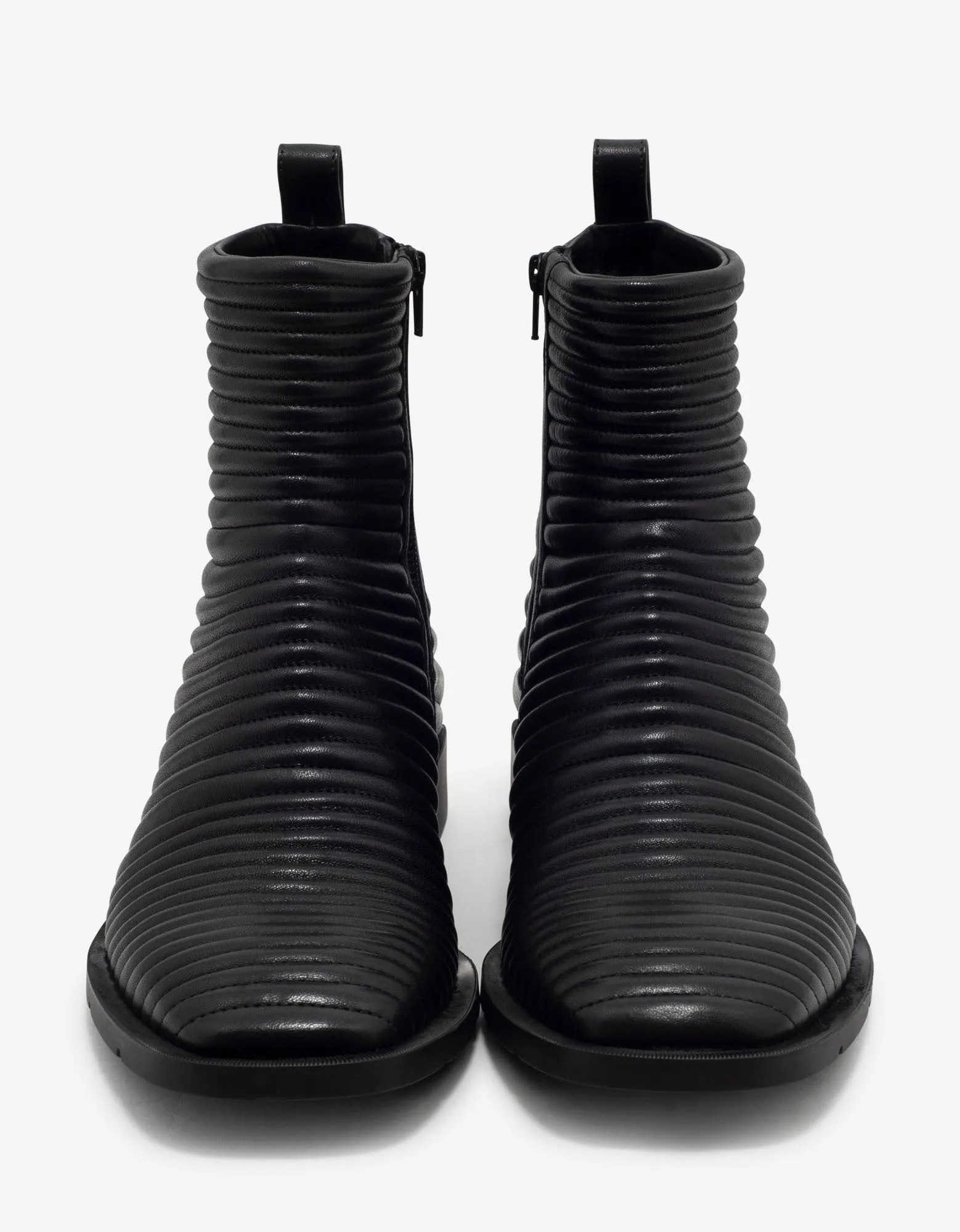 Black Leather Ribbed Biker Boots -