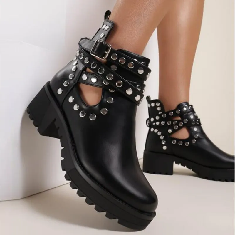 Black Rivet Detail Chunky Boots