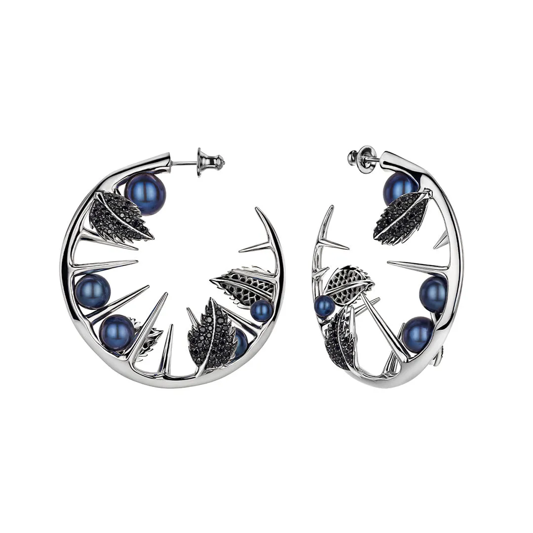 Blackthorn Leaf Hoop Earrings - Silver, Black Spinel & Black Pearl