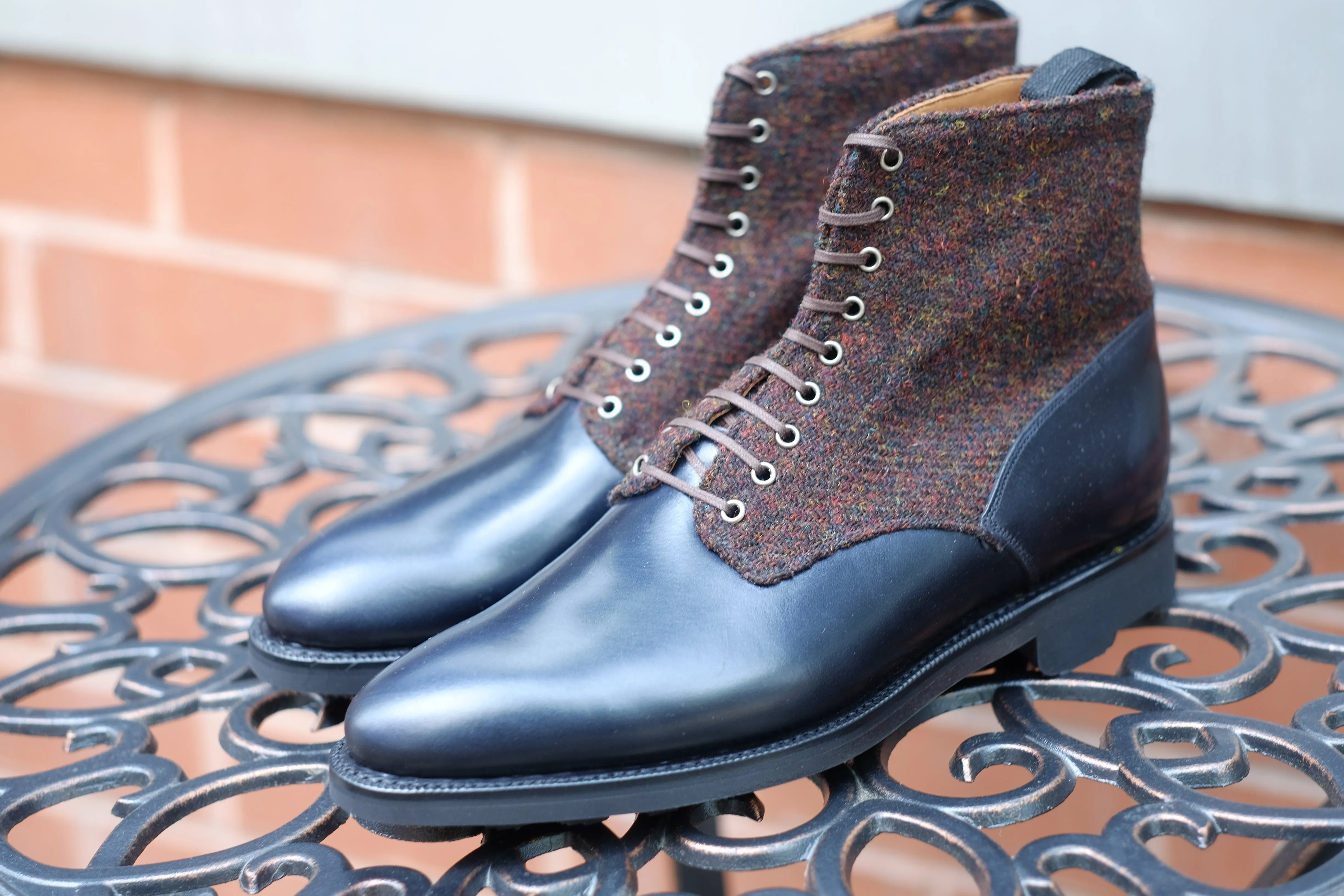 Blaine - MTO - Rugged Navy Calf / Burgundy Medley Tweed - Aged Silver Eyelets (No Speedhooks) - TMG Last - Rugged Rubber Sole