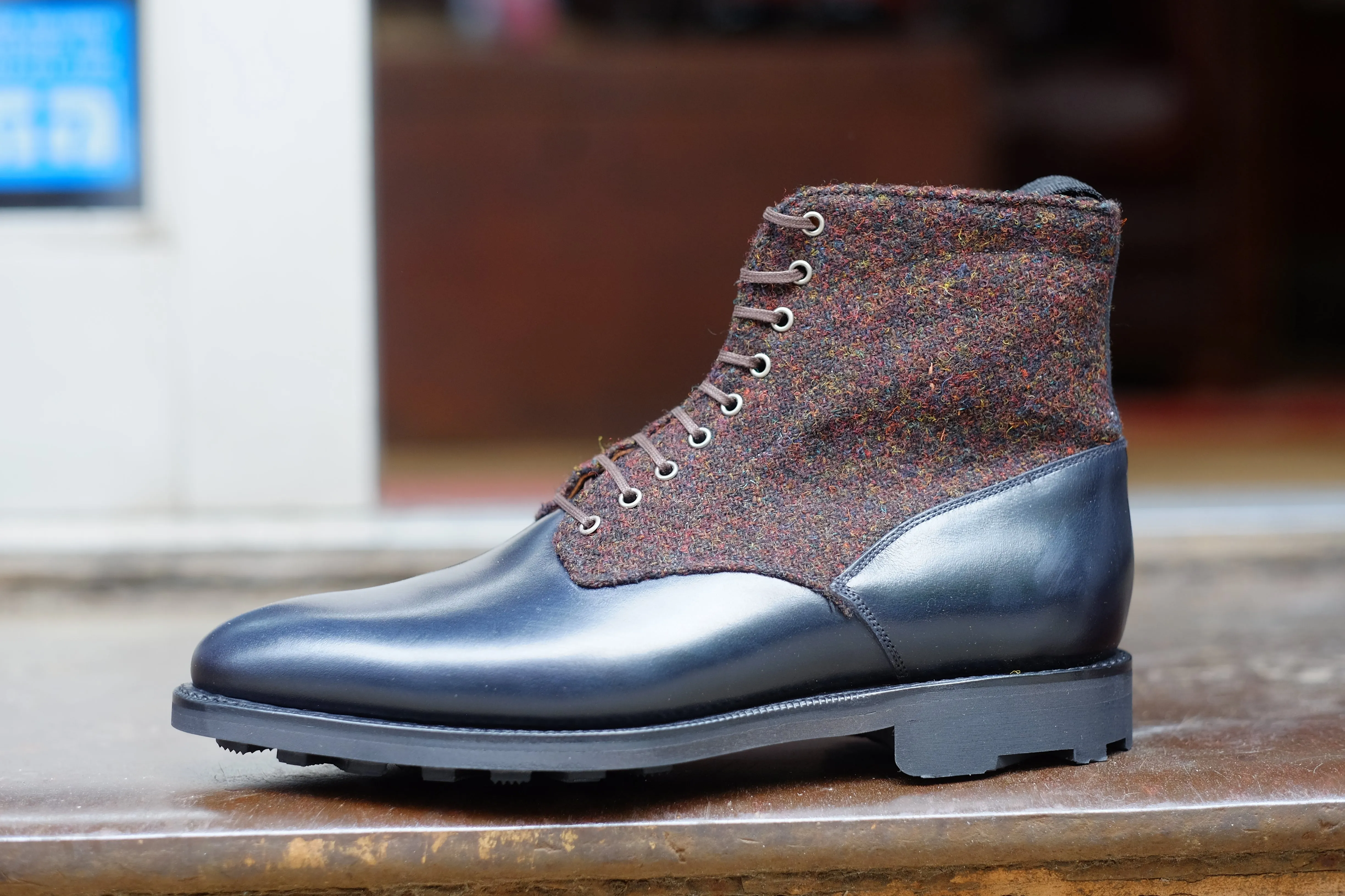 Blaine - MTO - Rugged Navy Calf / Burgundy Medley Tweed - Aged Silver Eyelets (No Speedhooks) - TMG Last - Rugged Rubber Sole