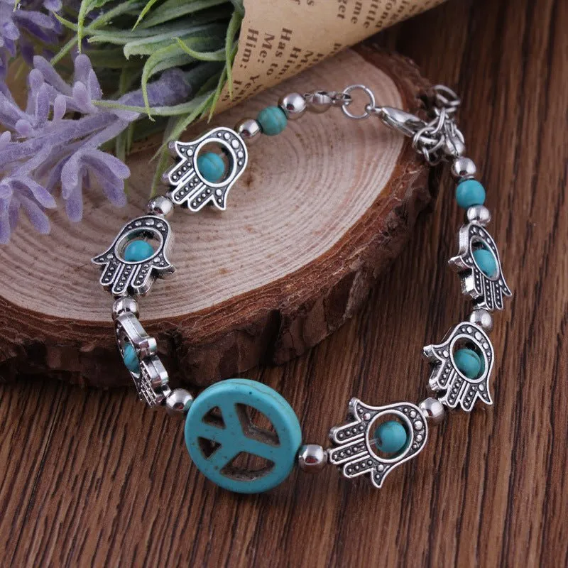 Blue Peace Sign Hamsa Bracelet