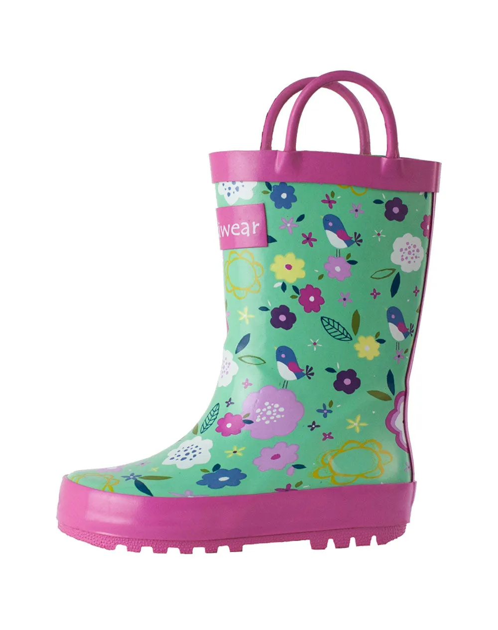 CHILDREN’S RUBBER RAIN BOOTS, GREEN FLORAL