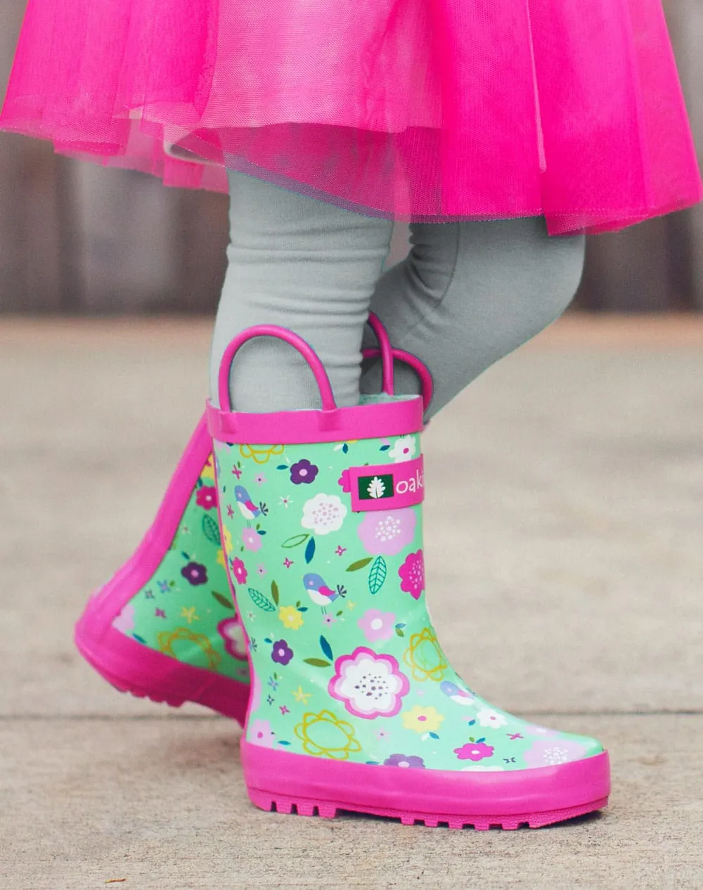 CHILDREN’S RUBBER RAIN BOOTS, GREEN FLORAL