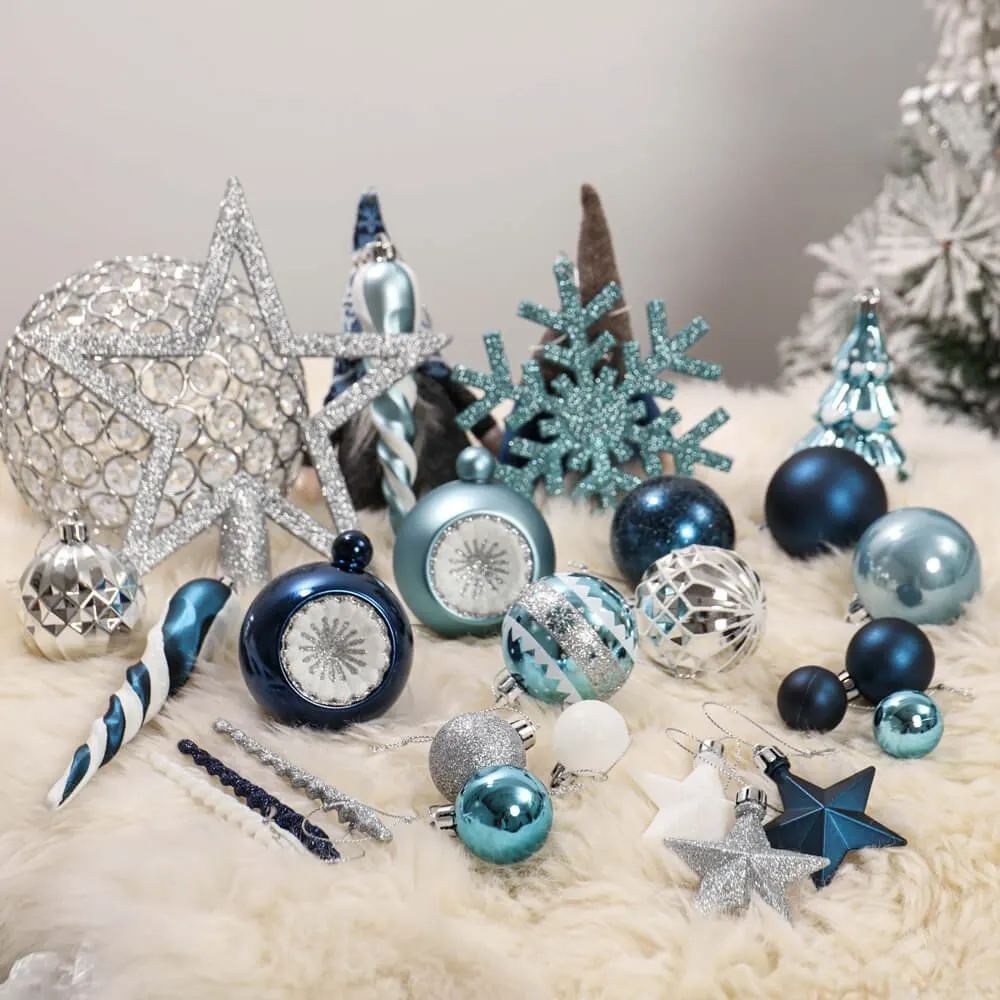 Christmas Ball Ornaments XMas Tree Hanging Decorations Silver & Blue theme christmas Balls, 100 pcs Box Set