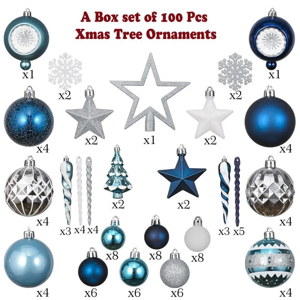 Christmas Ball Ornaments XMas Tree Hanging Decorations Silver & Blue theme christmas Balls, 100 pcs Box Set