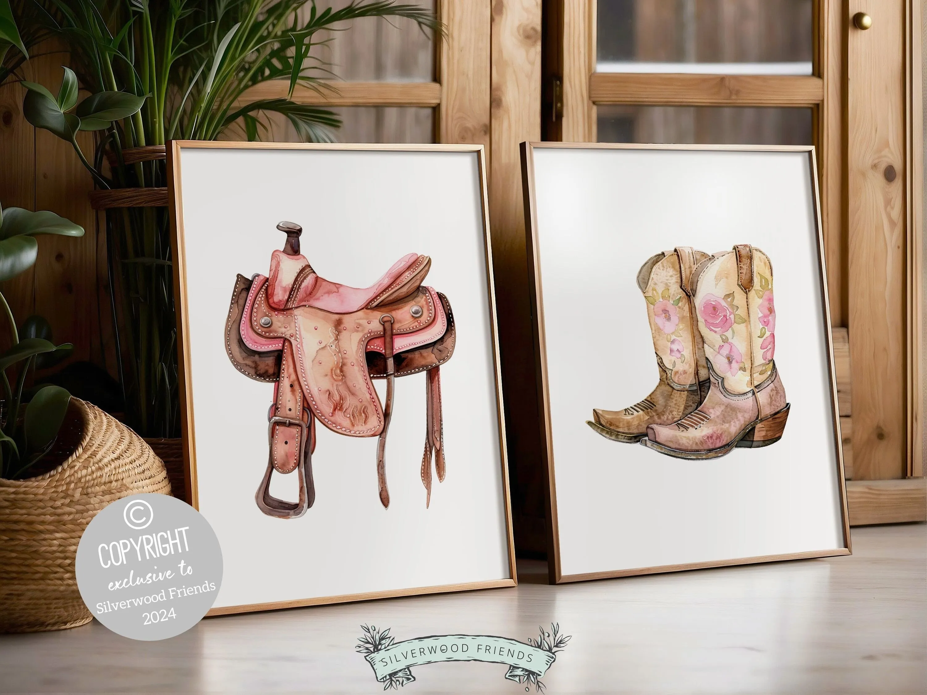 Cowgirl Saddle and Boots Print Set of 2