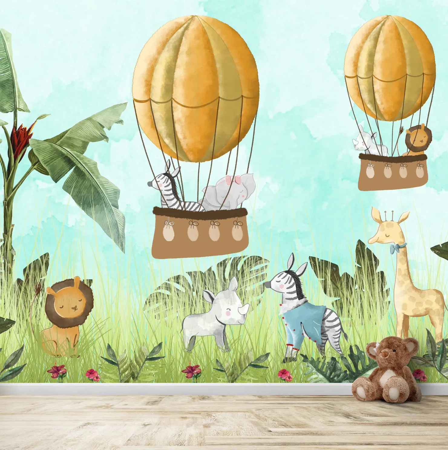 Cute Jungle Animals in Balloon Wallpaper, Customised