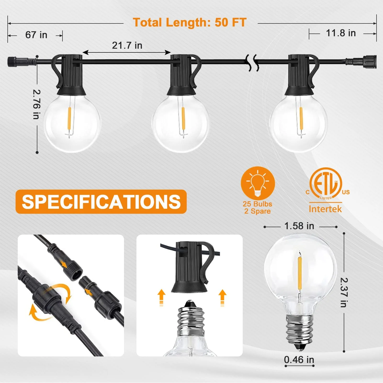 EAGLE PEAK Outdoor Solar String Lights 50 ft G40 of Waterproof Patio Lights with 25 LED Shatterproof Bulbs (2 Spare), 4 Light Modes for Christmas, Gazebo, Canopy, Wedding, Party, Garden, Porch or Yard, E12 Base