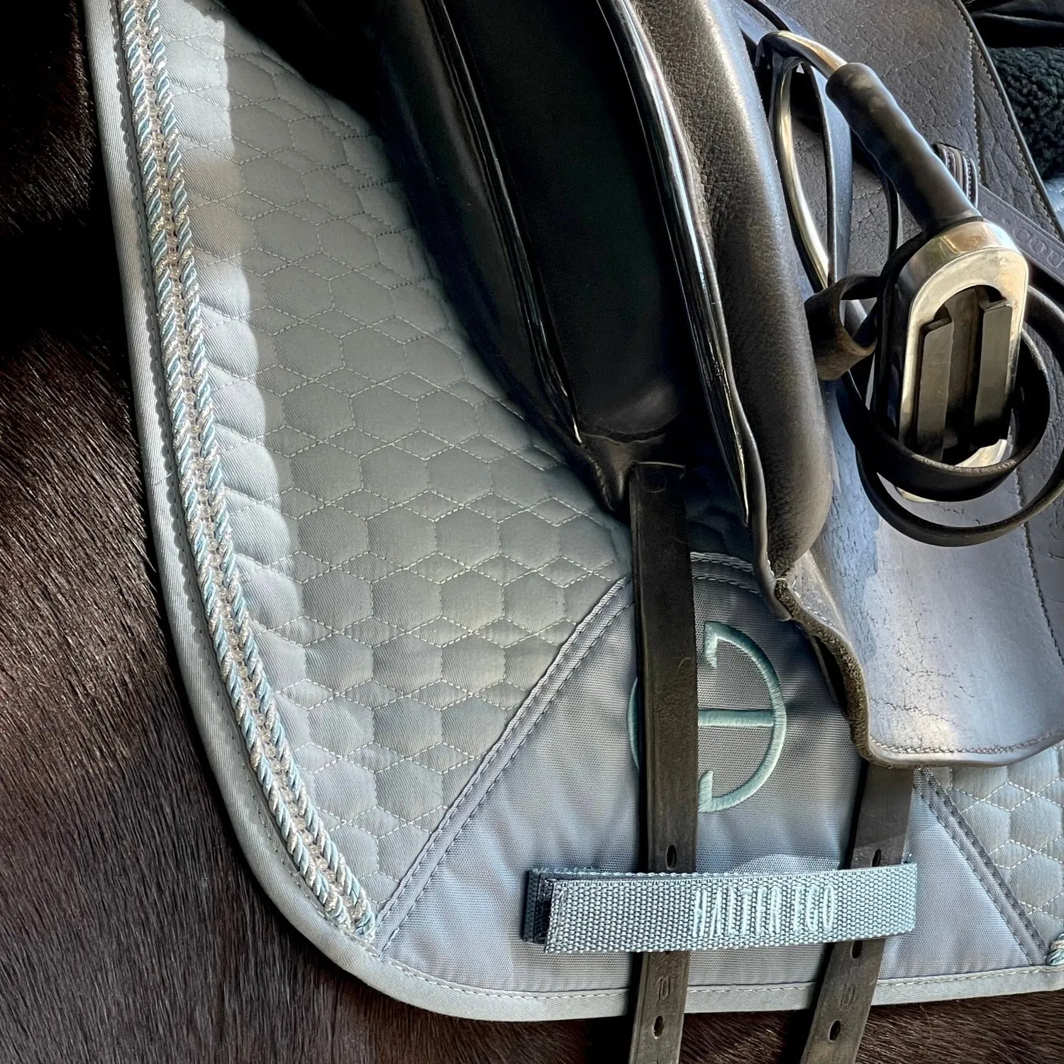 European Cotton Dressage Saddle Pad - Light Blue with Crystals & Light Blue/Silver Twisted Rope Trim