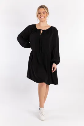 FINAL SALE Long Sleeve Tie Front Midi Dress in Black