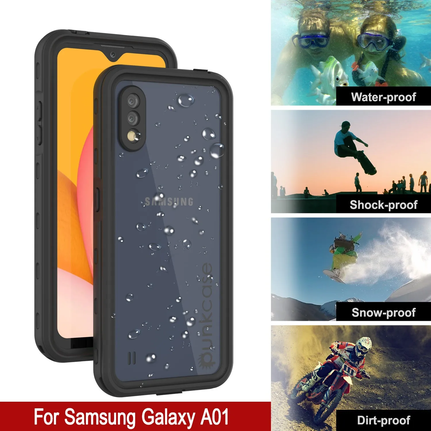 Galaxy A01 Waterproof Case PunkCase StudStar Black Thin 6.6ft Underwater IP68 Shock/Snow Proof