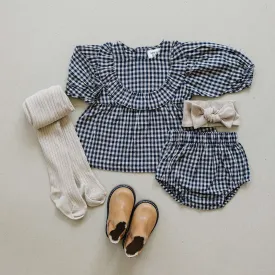 Gingham Long Sleeve Ruffle Linen Dress