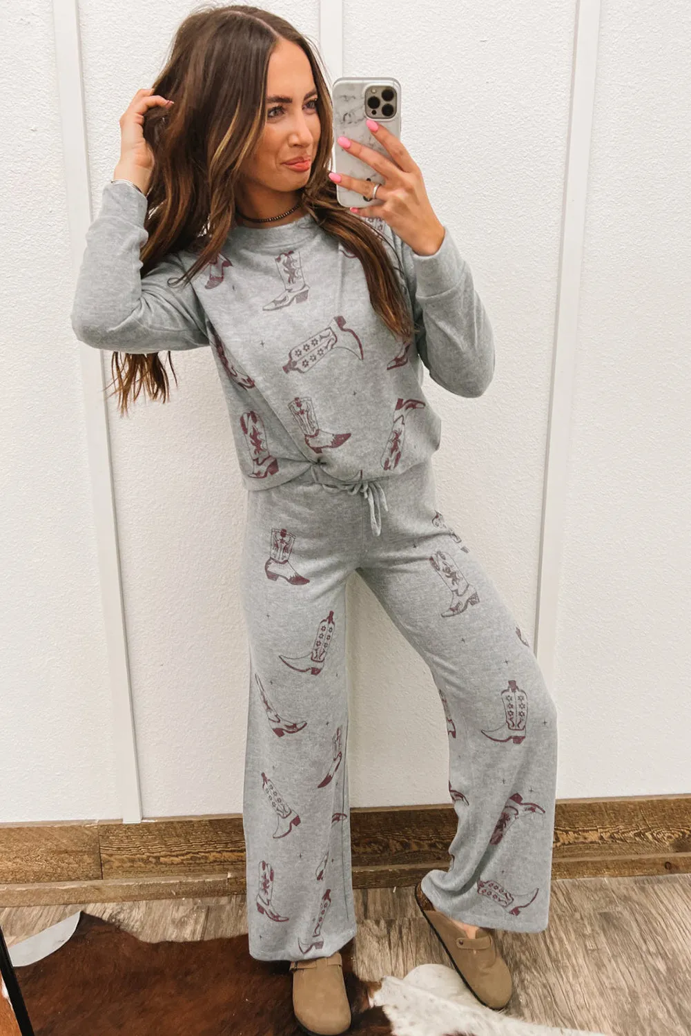 Gray Cowgirl Boots Printed Long Sleeve Top Pants Lounge Set