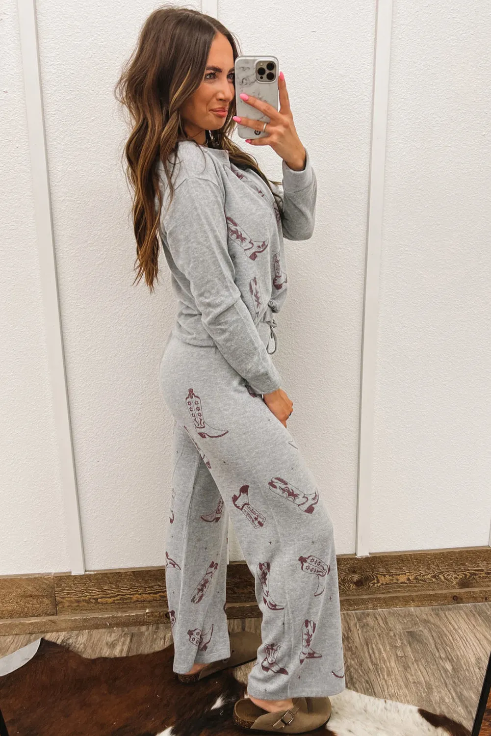 Gray Cowgirl Boots Printed Long Sleeve Top Pants Lounge Set