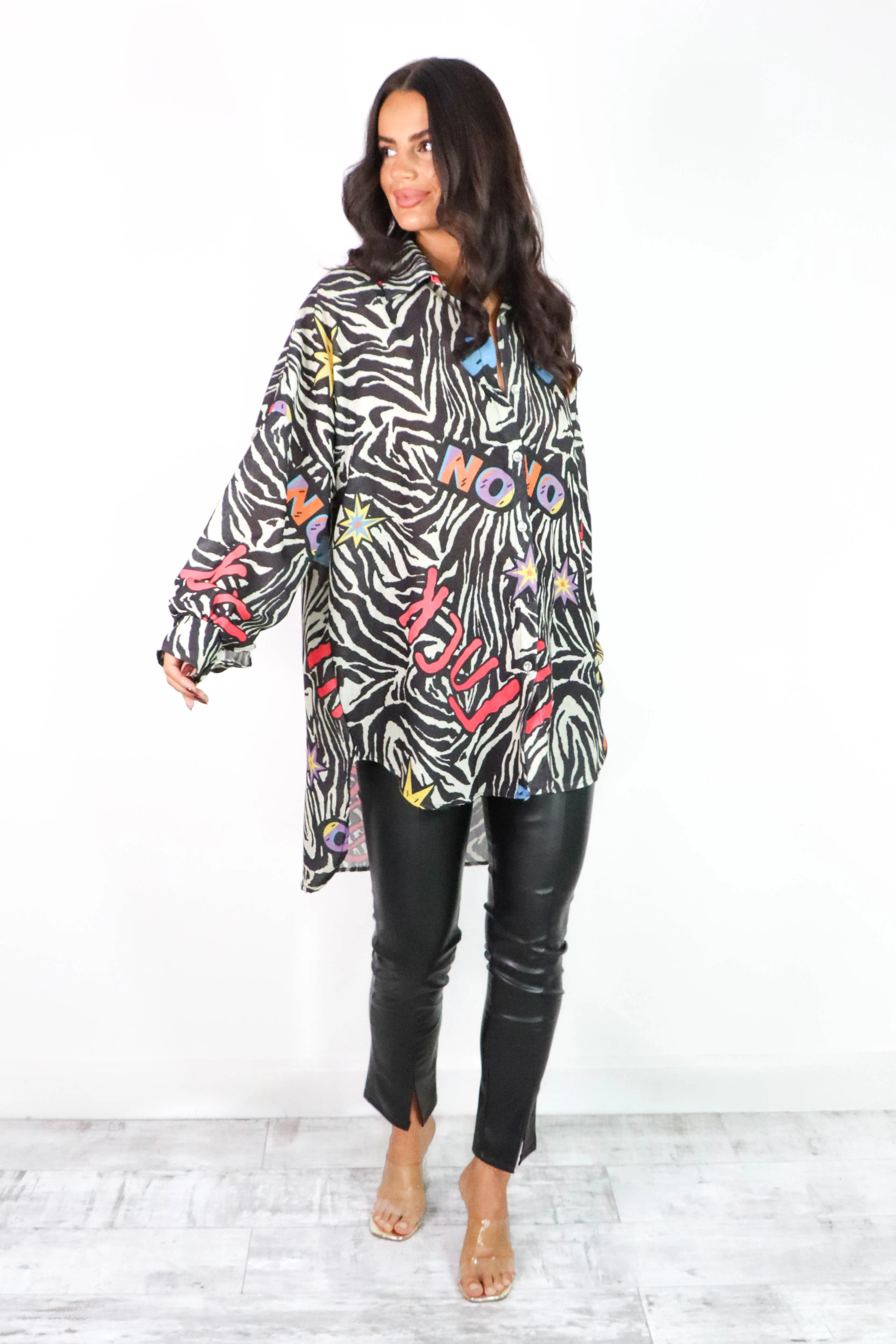 Keep Her Tamed - Graphic Zebra Print Oversized Shirt