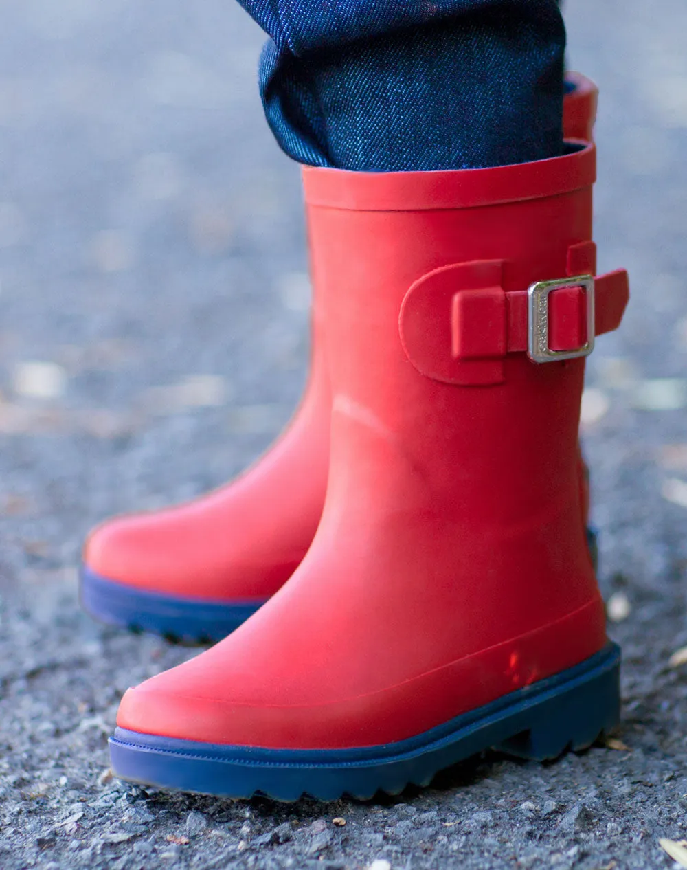 KID’S BUCKLE RUBBER RAIN BOOTS RED & NAVY