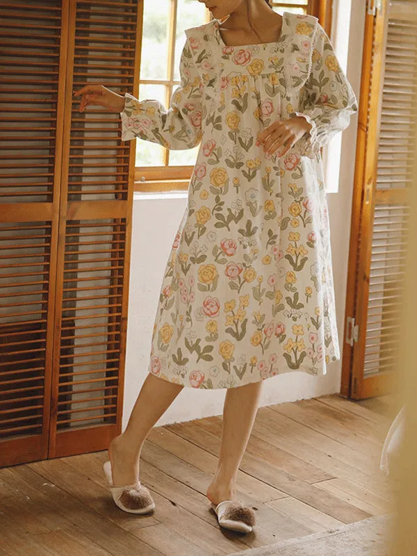 Long Sleeve Lace Trim Printed Nightgown