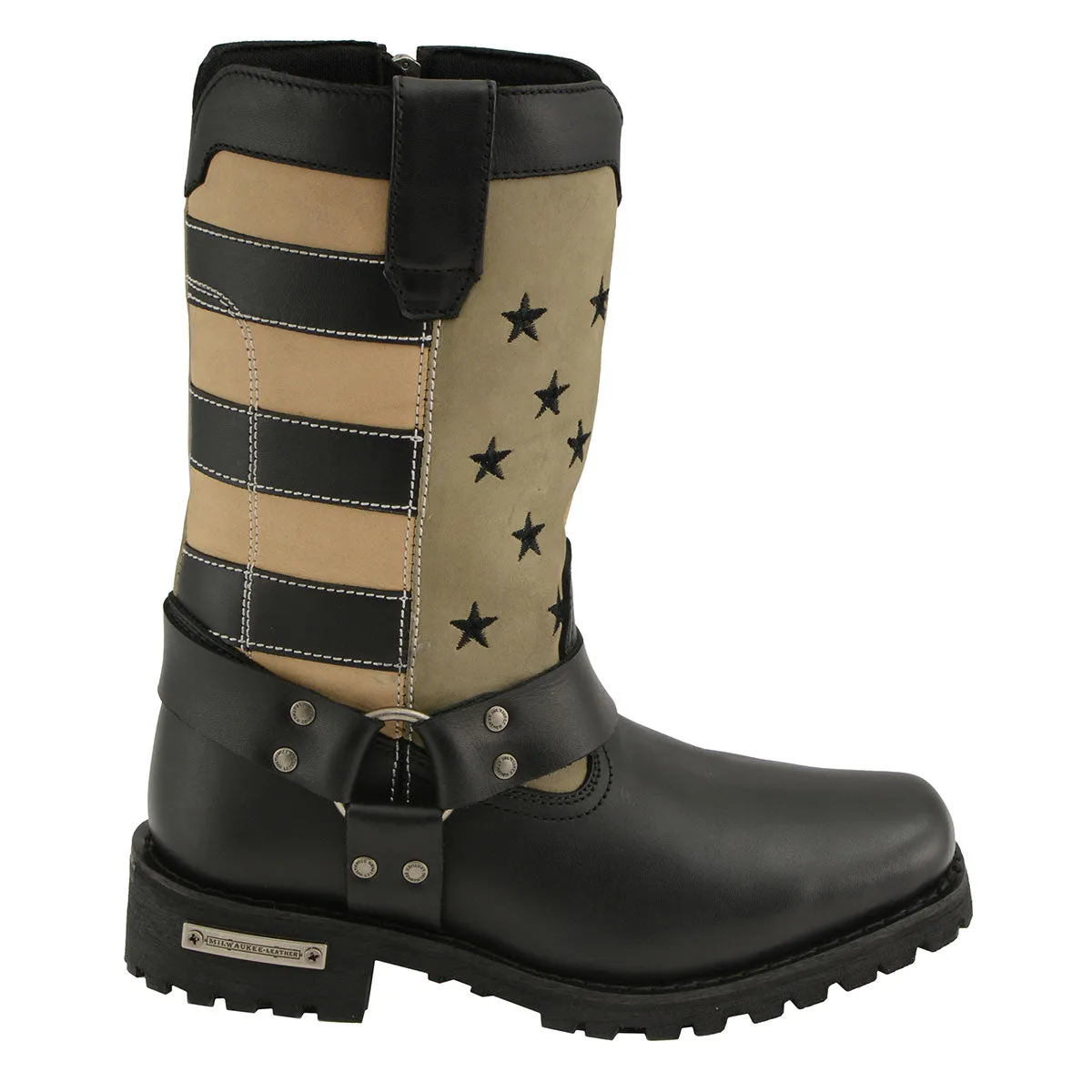 Milwaukee Leather MBL9363 Women’s ‘Stars and Stripes’ Black with Tan Leather Motorcycle Rider Harness Boots