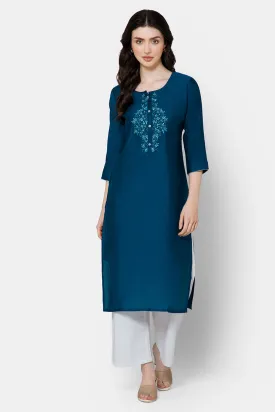 Mythri Women's Kurthi with Intricately Hand Embroidered Center Front - Blue - E053