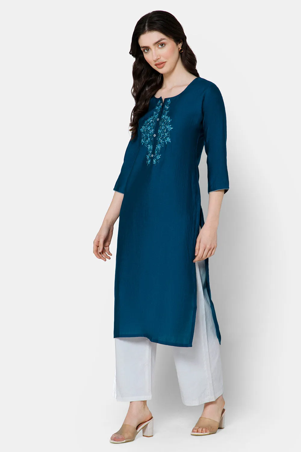 Mythri Women's Kurthi with Intricately Hand Embroidered Center Front - Blue - E053