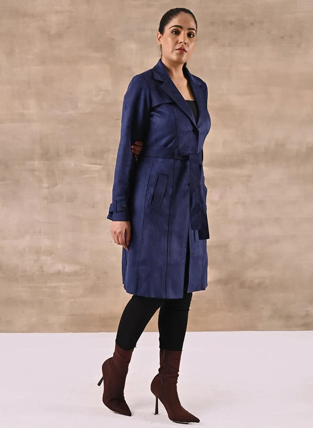 Navy Blue Long Over Coat with Notch collar and Slant Pockets