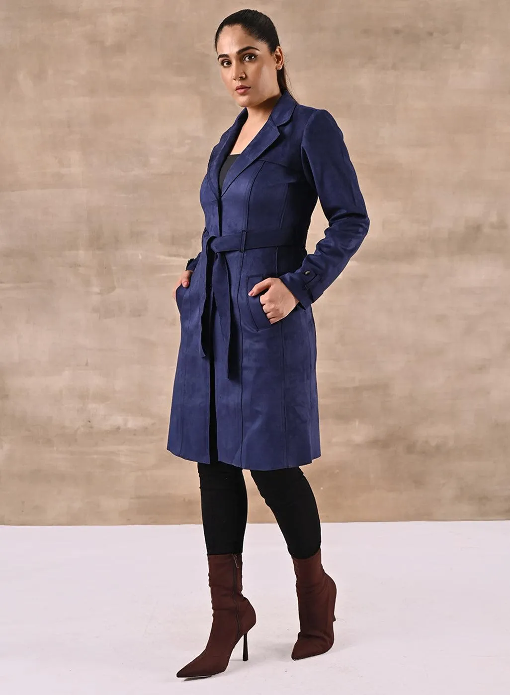 Navy Blue Long Over Coat with Notch collar and Slant Pockets