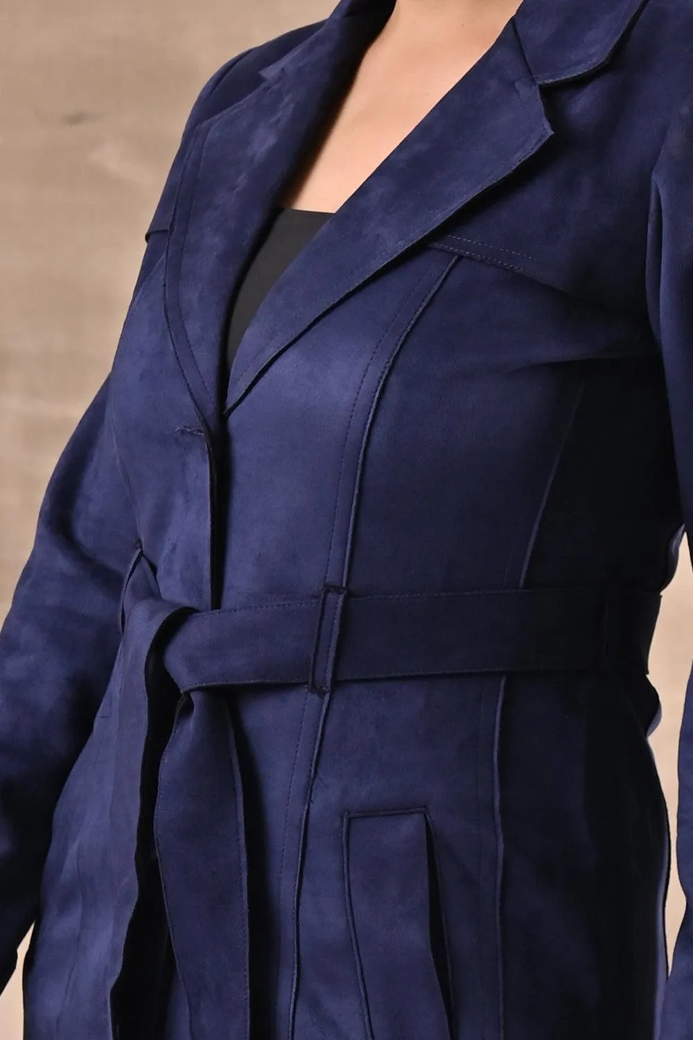 Navy Blue Long Over Coat with Notch collar and Slant Pockets