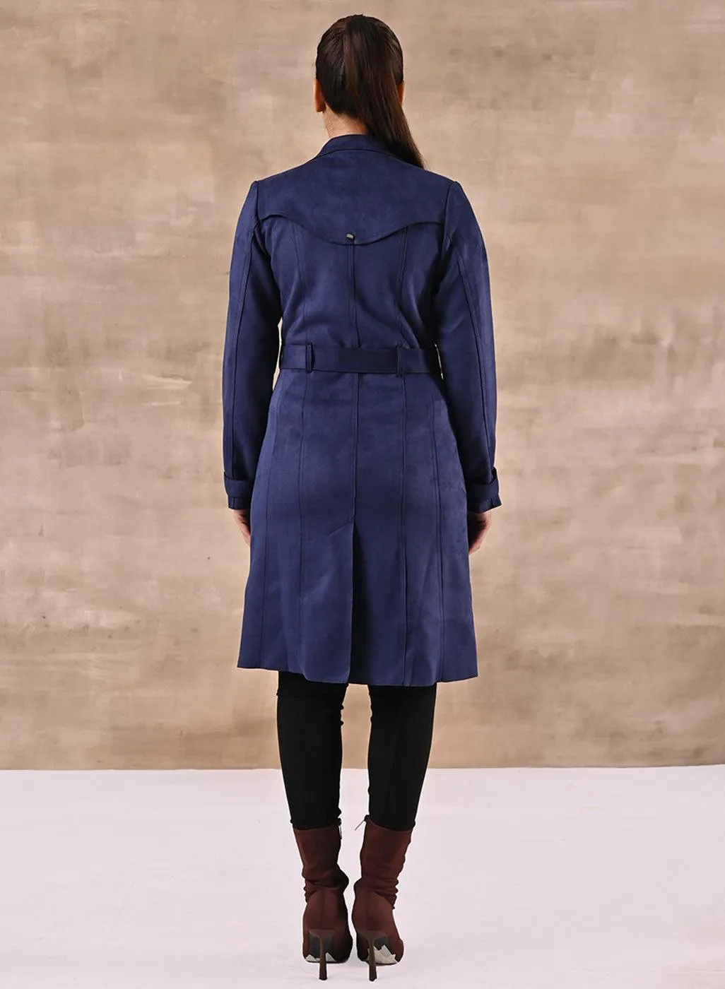 Navy Blue Long Over Coat with Notch collar and Slant Pockets