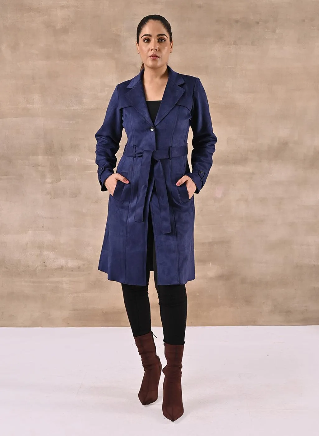 Navy Blue Long Over Coat with Notch collar and Slant Pockets