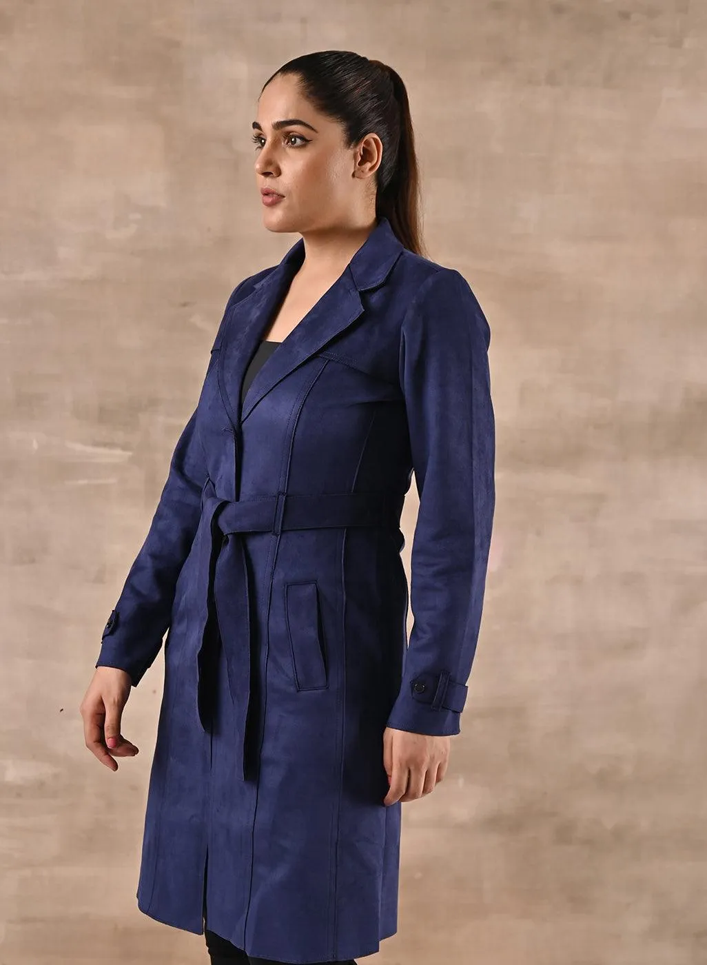 Navy Blue Long Over Coat with Notch collar and Slant Pockets