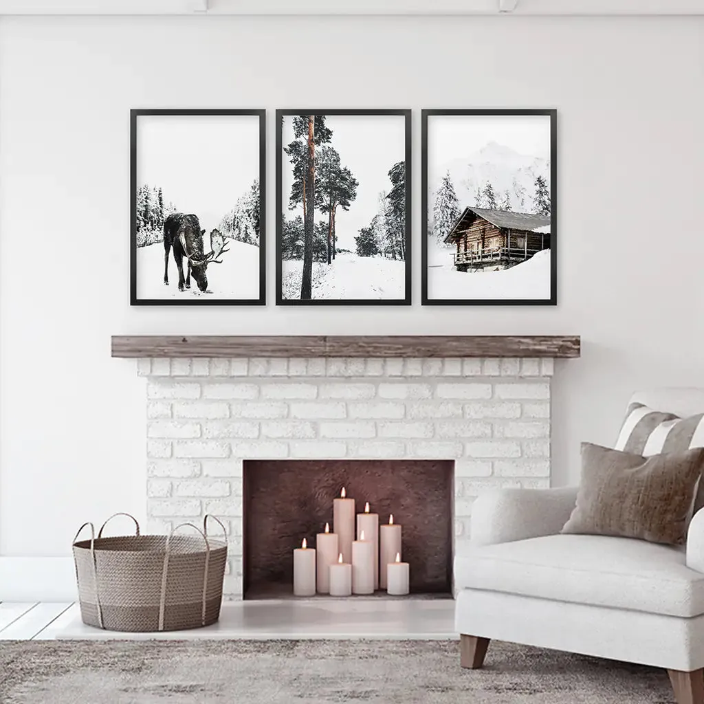 Nordic Winter 3 Piece Photo Set. Pine Forest, Moose, Log Cabin