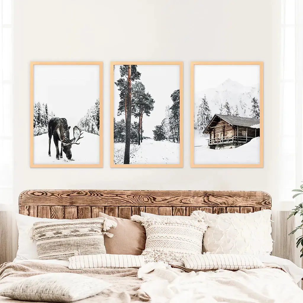 Nordic Winter 3 Piece Photo Set. Pine Forest, Moose, Log Cabin