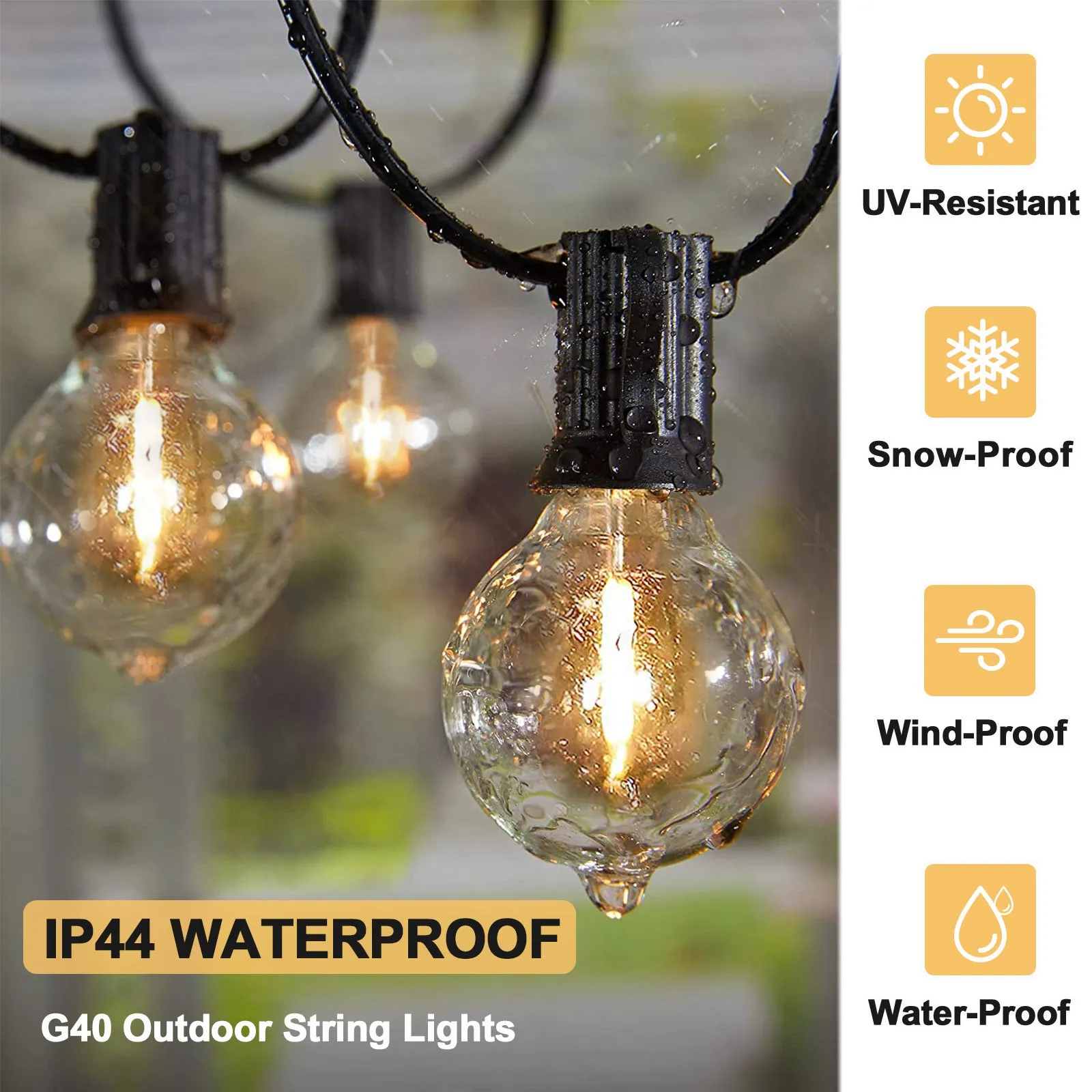 Outdoor Solar Powered String Lights 25 Feet G40 with 25 Shatterproof Bulbs (2 Spare), 2700K