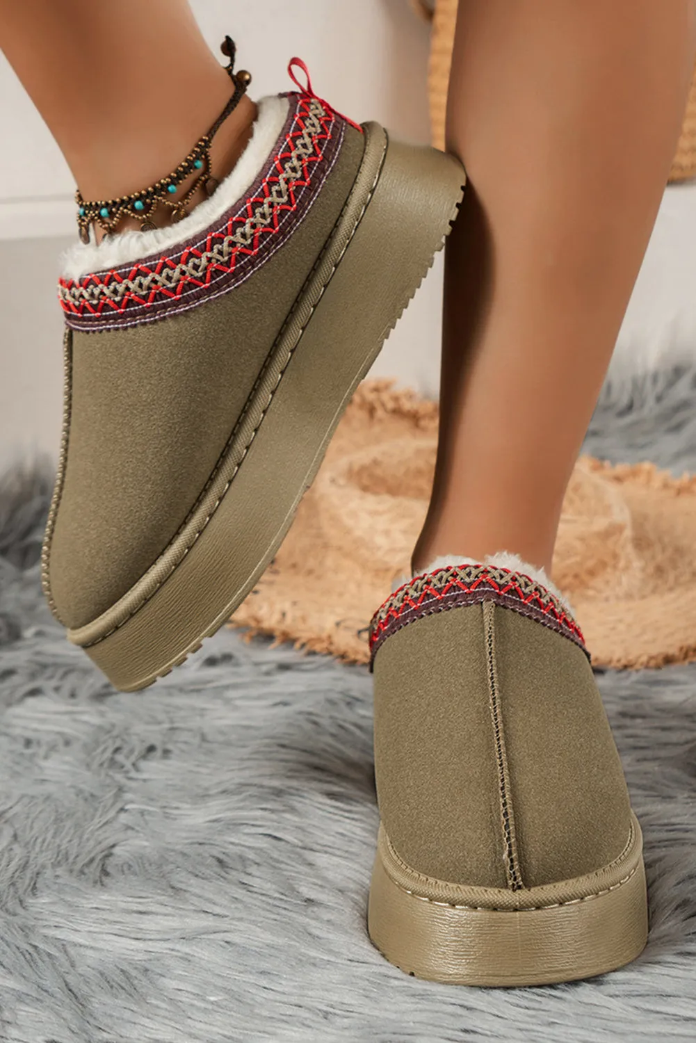 Sage Green Suede Print Plush Lined Snow Slide In Boots