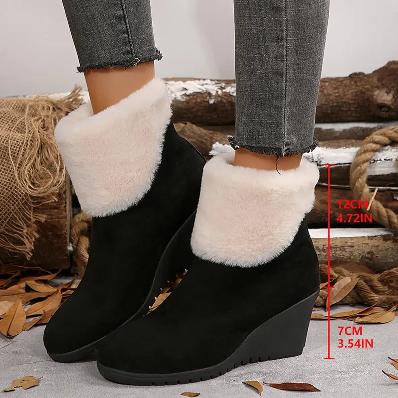 Sohiwoo Faux Fur Women's Wedge Heels Ankle Boots Patchwork Design Thick Bottom Fashion Boots Woman Back Zipper Chunky Short Botas Mujer