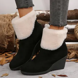 Sohiwoo Faux Fur Women's Wedge Heels Ankle Boots Patchwork Design Thick Bottom Fashion Boots Woman Back Zipper Chunky Short Botas Mujer