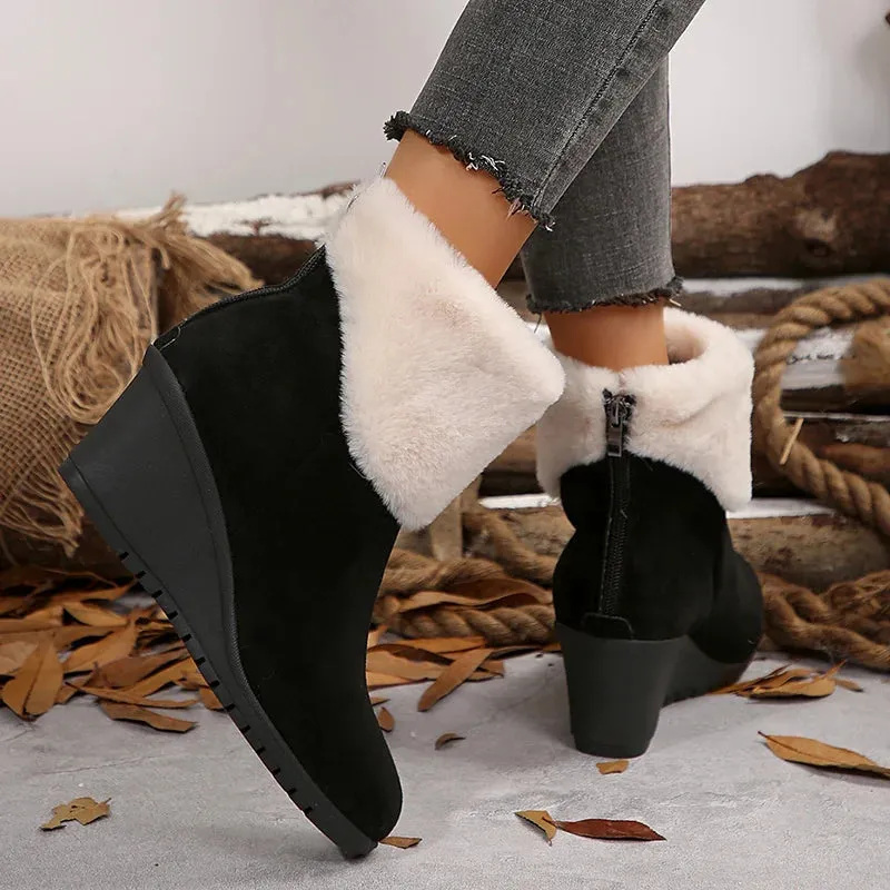 Sohiwoo Faux Fur Women's Wedge Heels Ankle Boots Patchwork Design Thick Bottom Fashion Boots Woman Back Zipper Chunky Short Botas Mujer