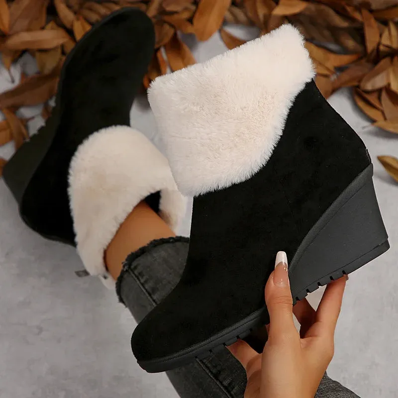 Sohiwoo Faux Fur Women's Wedge Heels Ankle Boots Patchwork Design Thick Bottom Fashion Boots Woman Back Zipper Chunky Short Botas Mujer