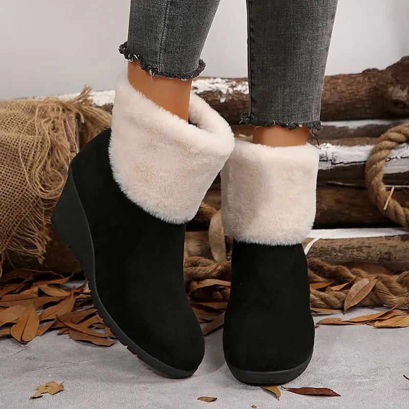 Sohiwoo Faux Fur Women's Wedge Heels Ankle Boots Patchwork Design Thick Bottom Fashion Boots Woman Back Zipper Chunky Short Botas Mujer