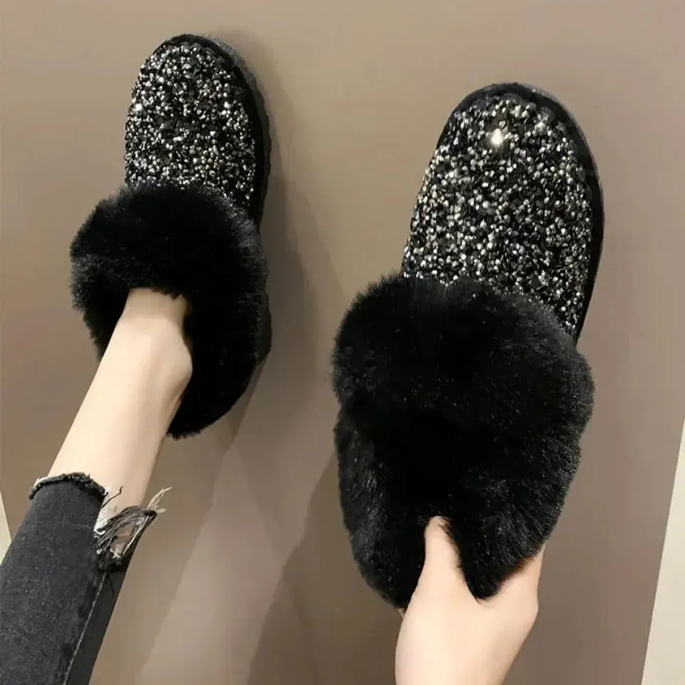 Sohiwoo Womens Snow Boots Sexy Round Toe Shoes for Women Rhinestone Elegant with Low Heels Plus Warm Y2k Anti Skid on Promotion Gyaru Pu